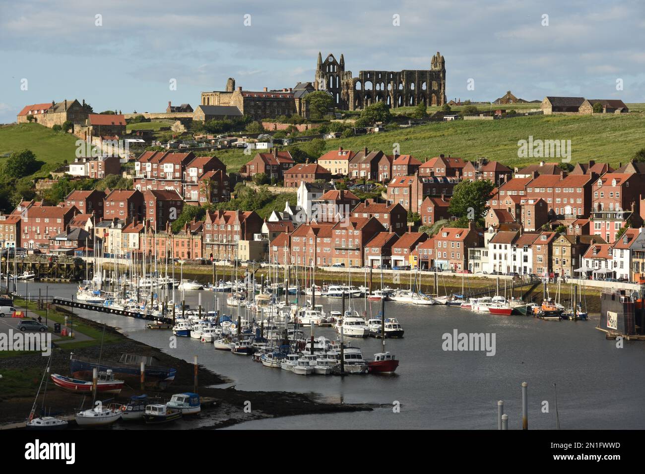 Whitby harbour and abbey ruins, Whitby, Yorkshire, England, United Kingdom, Europe Stock Photo