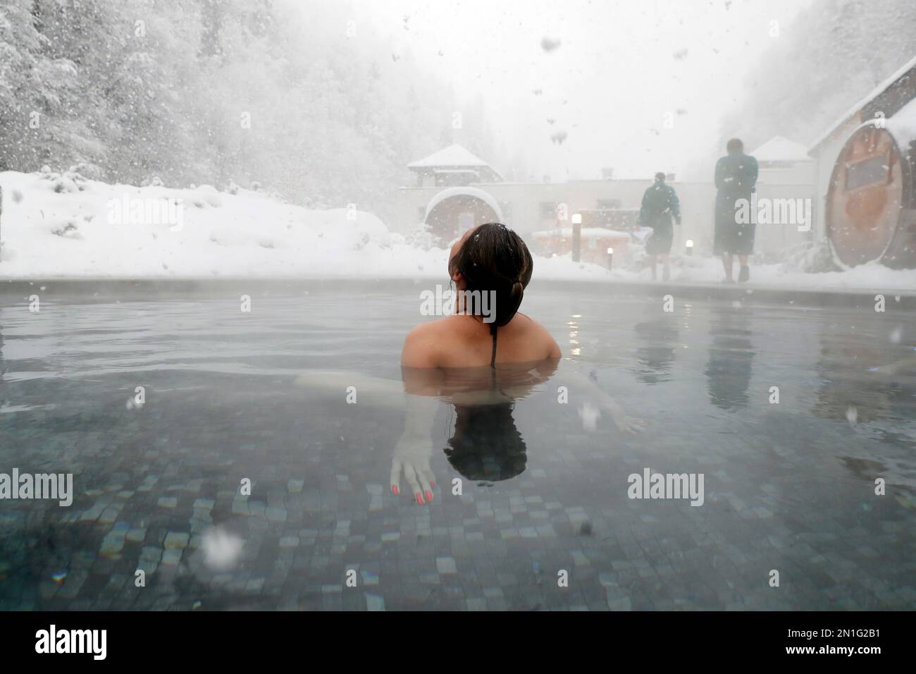 Saint-Gervais Mont-Blanc thermal spa, woman enjoying spa and wellness treatment in winter, Haute Savoie, France, Europe Stock Photo