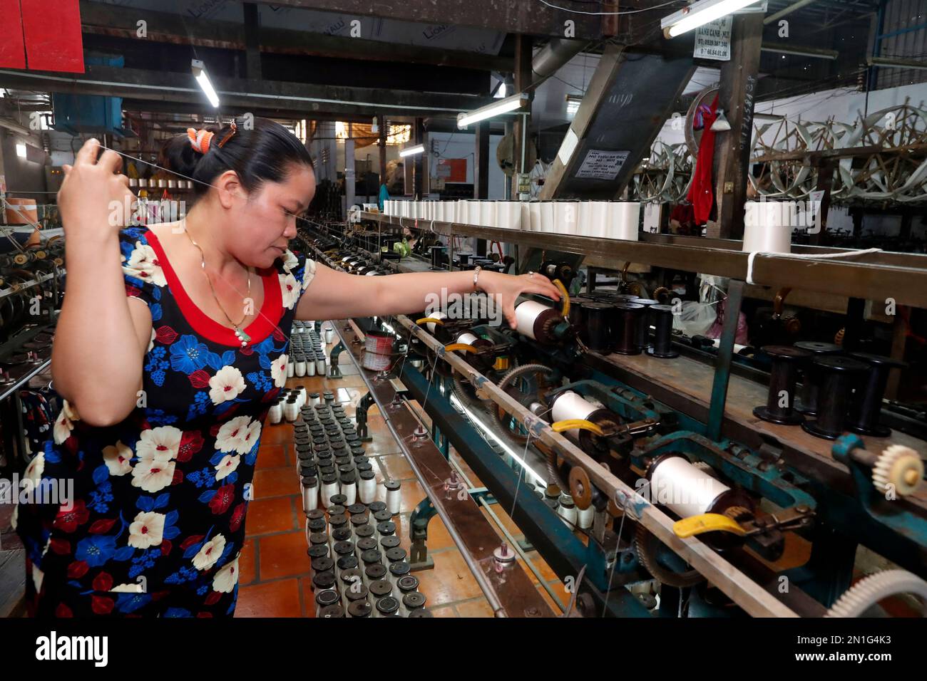 Woman working in a traditional silk factory, Tan Chau, Vietnam, Indochina, Southeast Asia, Asia Stock Photo