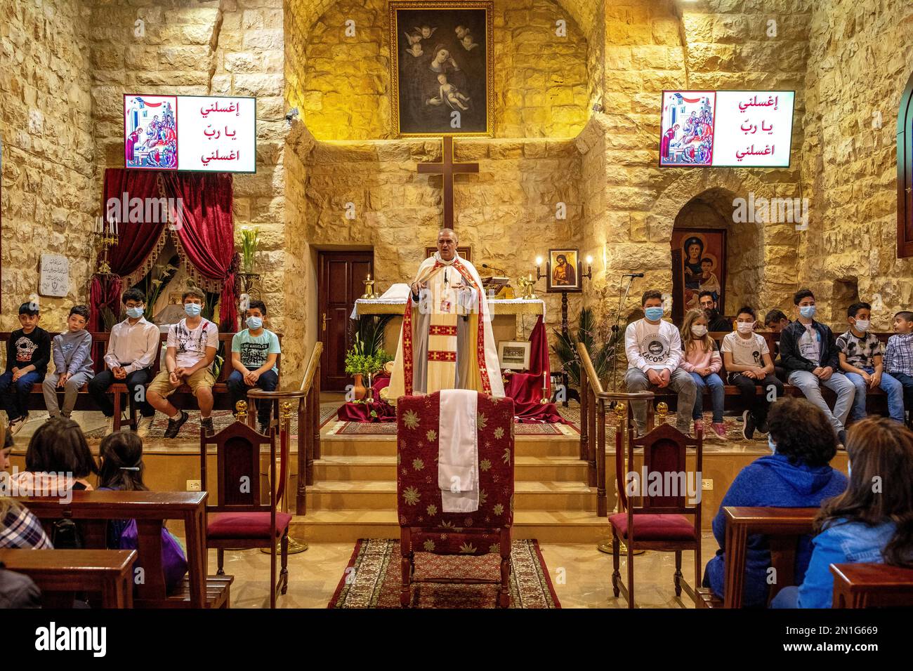 Maundy Thursday celebration in Our Lady Maronite Church, Bdadoun, Lebanon, Middle East Stock Photo