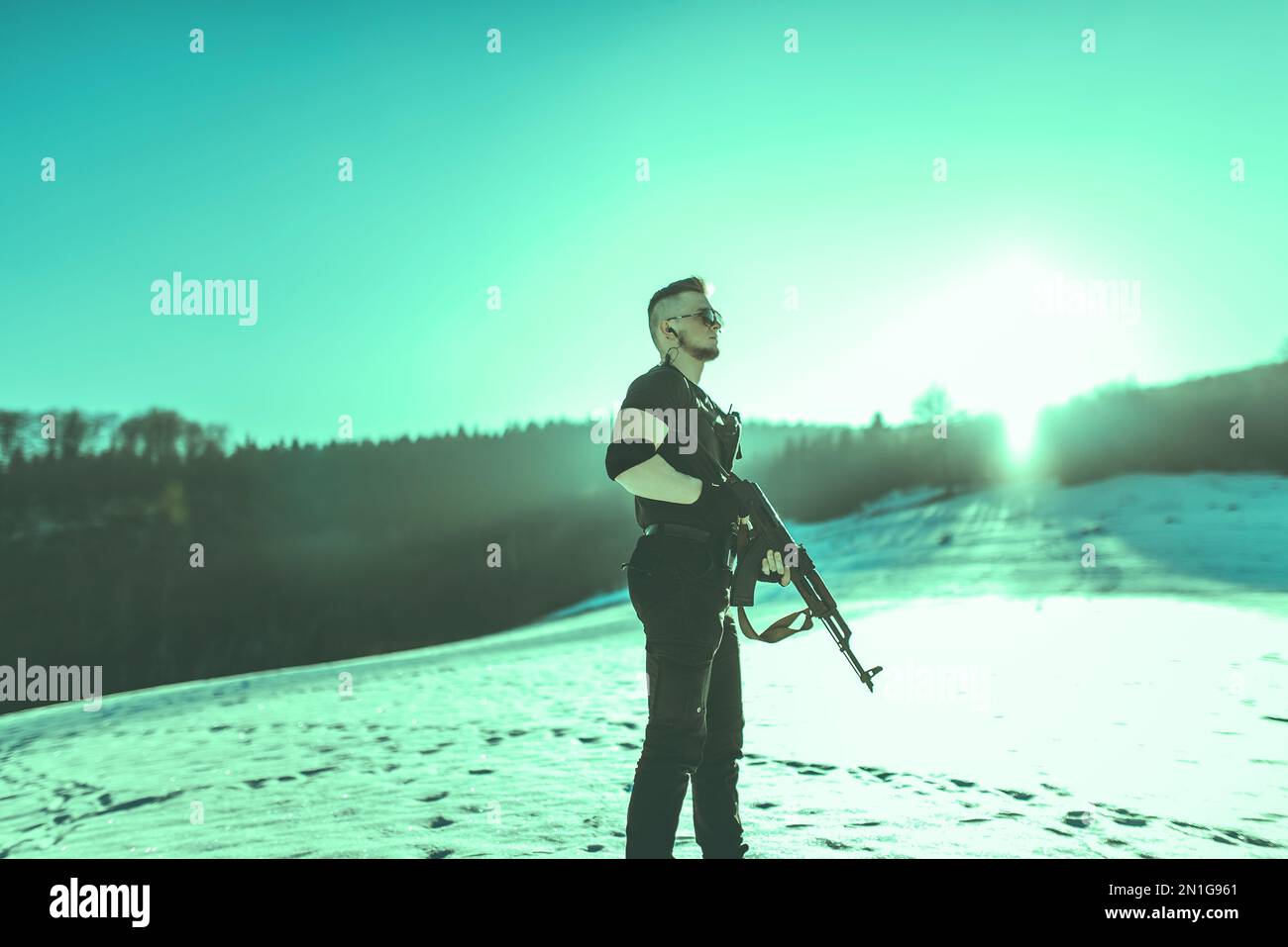 Special forces soldiers with weapon take part in military maneuver. war