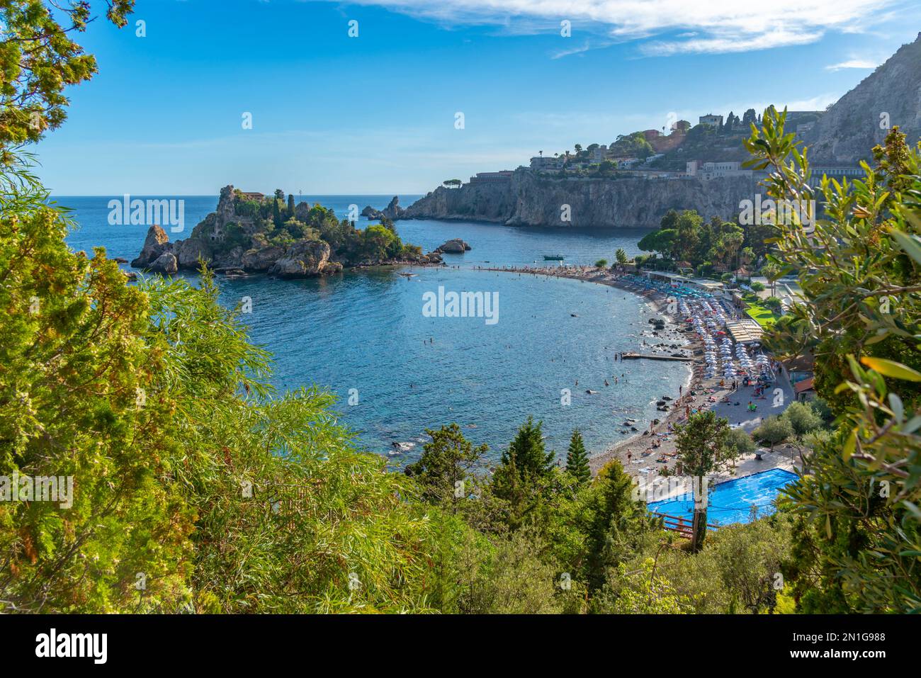 View of Isola Bella and beach on sunny day, Mazzaro, Taormina, Sicily, Italy, Mediterranean, Europe Stock Photo