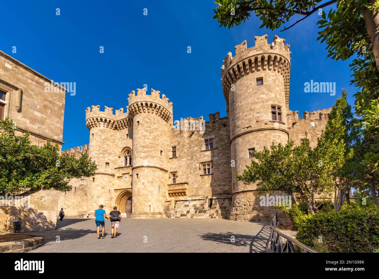 View of Palace of the Grand Master of the Knights of Rhodes, Old Rhodes Town, UNESCO World Heritage Site, Rhodes, Dodecanese, Greek Islands, Greece Stock Photo