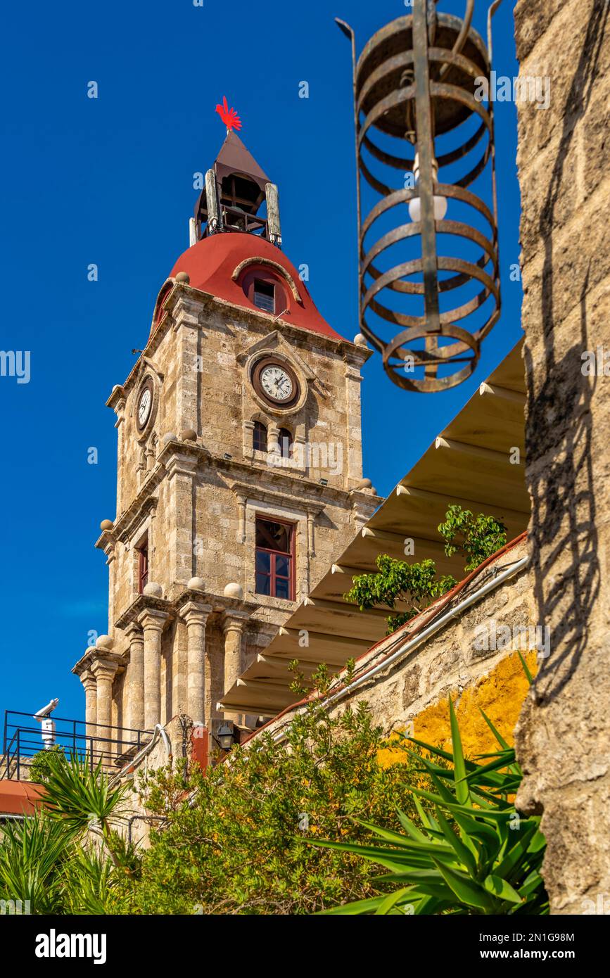 View of Medieval Clock Tower, Old Rhodes Town, UNESCO World Heritage