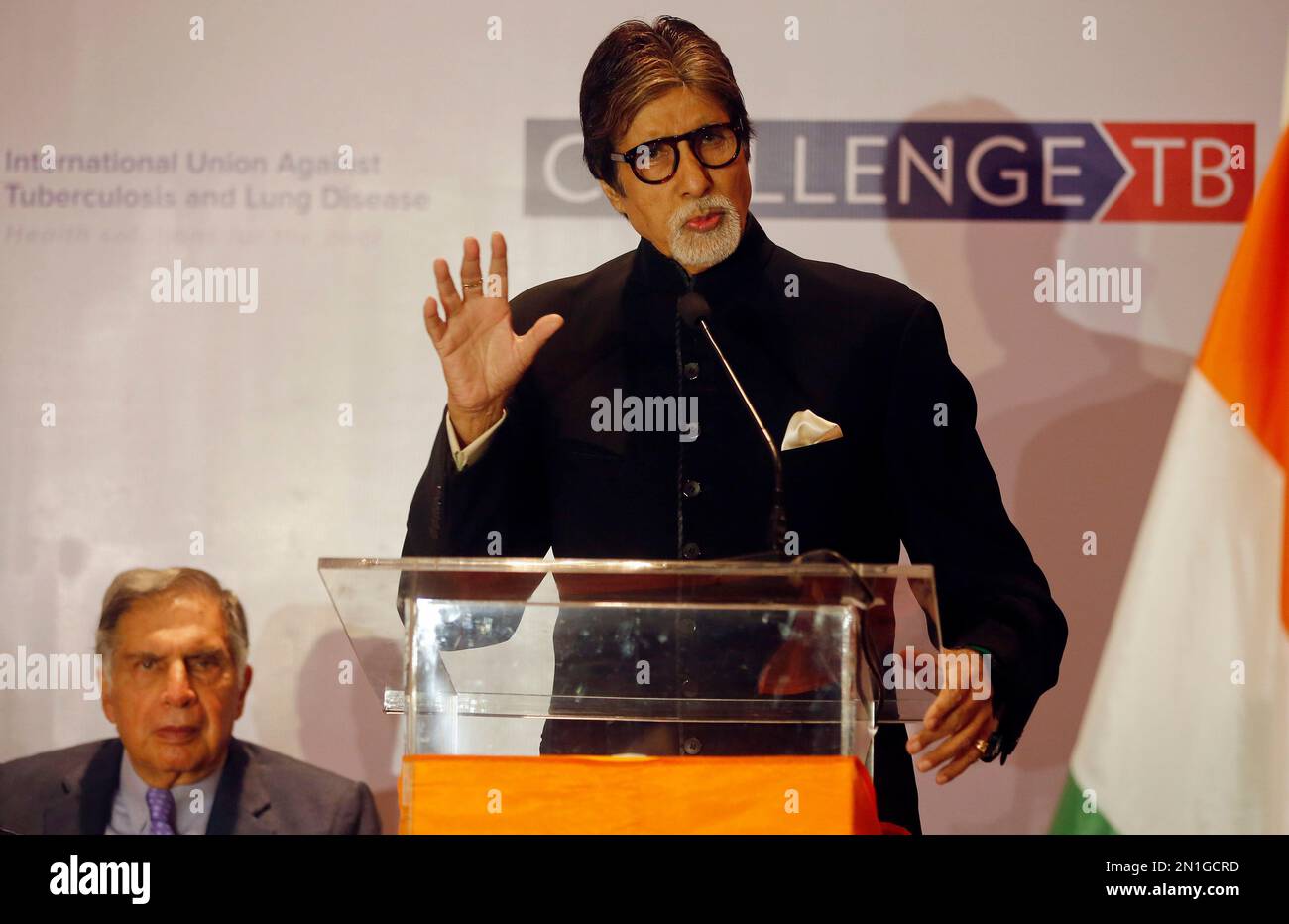 Bollywood superstar Amitabh Bachchan speaks at the launch of an event ...