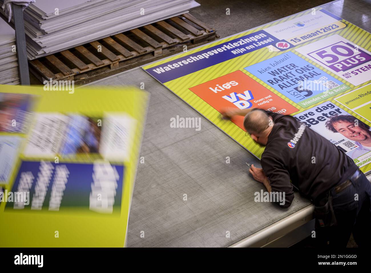 HOUSES - Election boards are being produced for the upcoming Provincial Council elections. Elections will be held on March 15. ANP EMIEL MUIJDERMAN netherlands out - belgium out Stock Photo