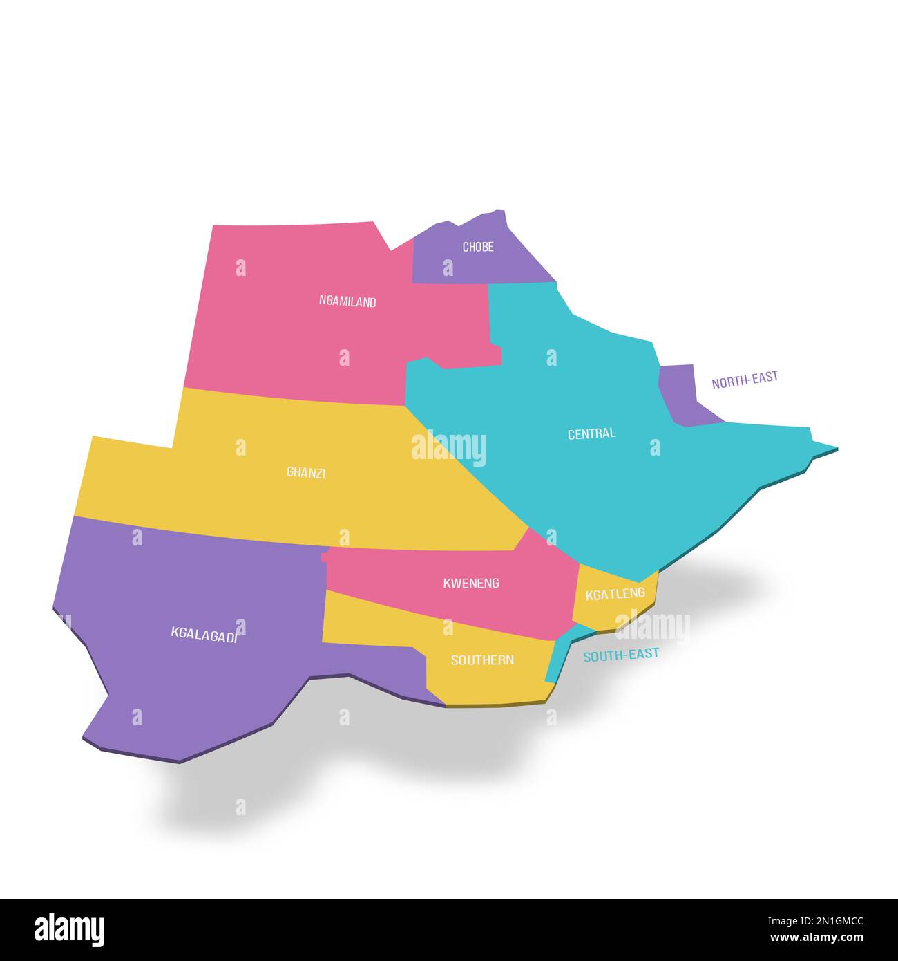 Botswana political map of administrative divisions rural and urban districts. 3D colorful