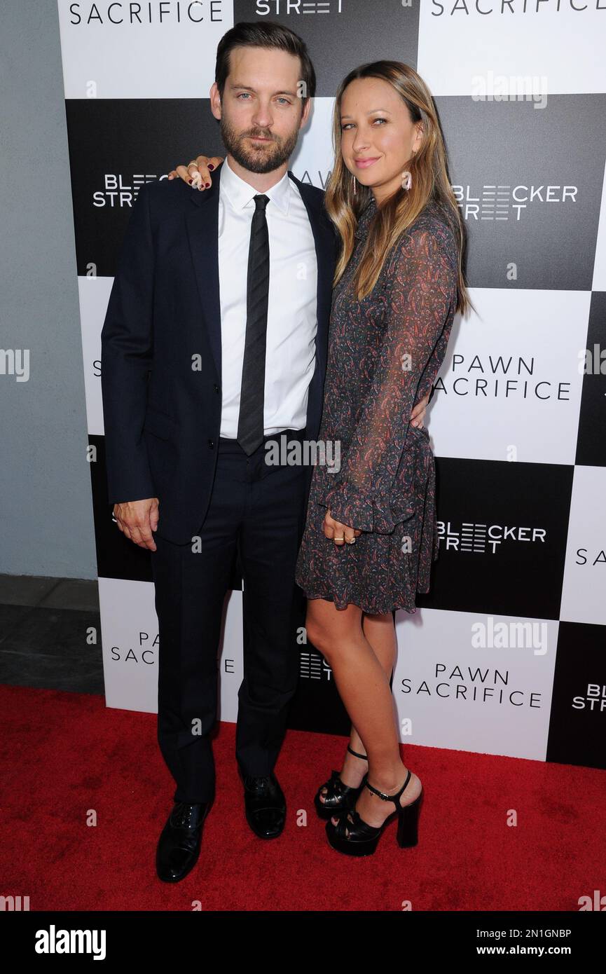 Actor Tobey Maguire, left, and Jennifer Meyer arrive at the LA premiere ...