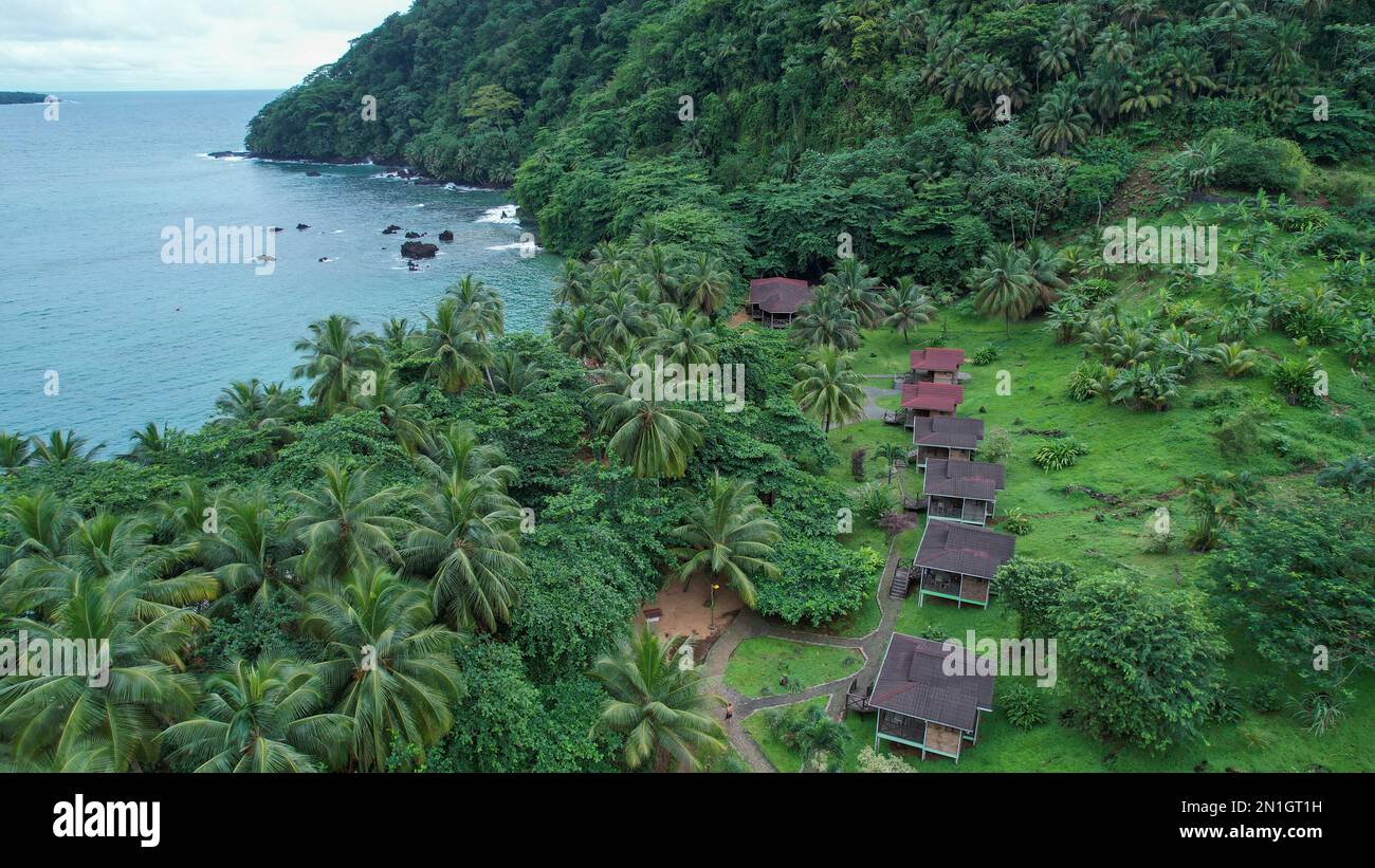 Aerial view from Inhame resort where we can see some  bungalows in Sao Tome,Africa Stock Photo