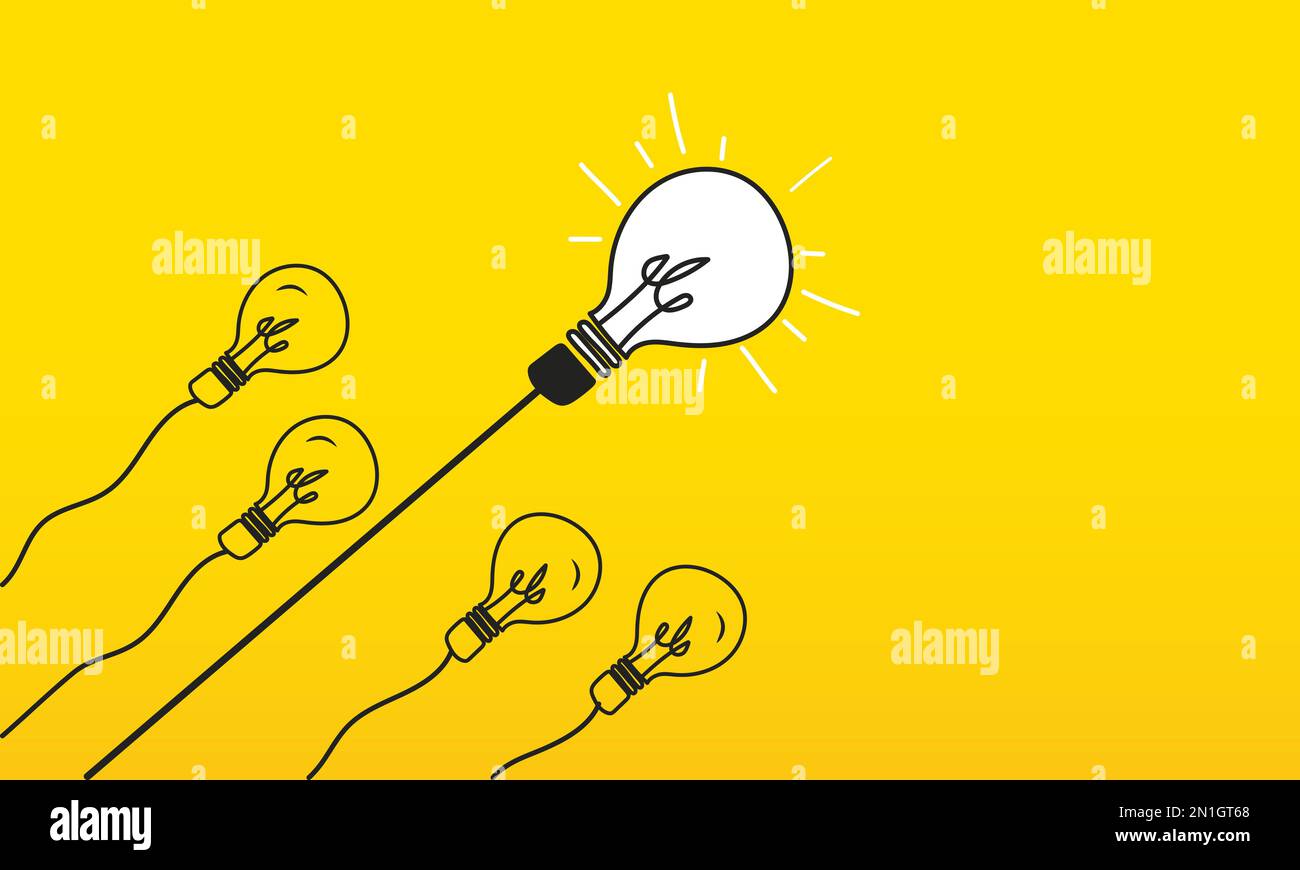 Bulb lit next to group of bulbs following it. Concept of a leader guiding a working group. Project management Stock Vector