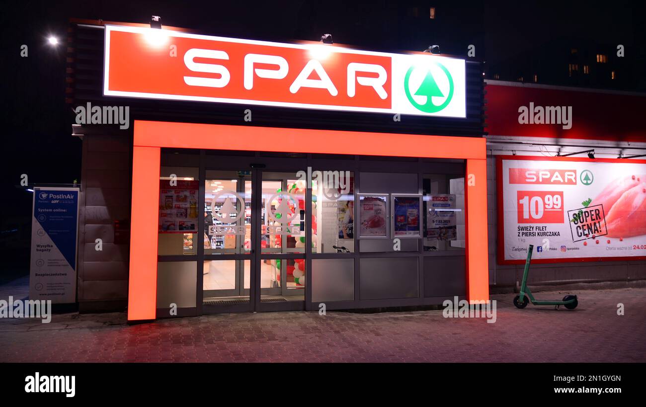 Warsaw Poland. 1 March 2021. Spar logo sign. Company signboard  Spar. Stock Photo