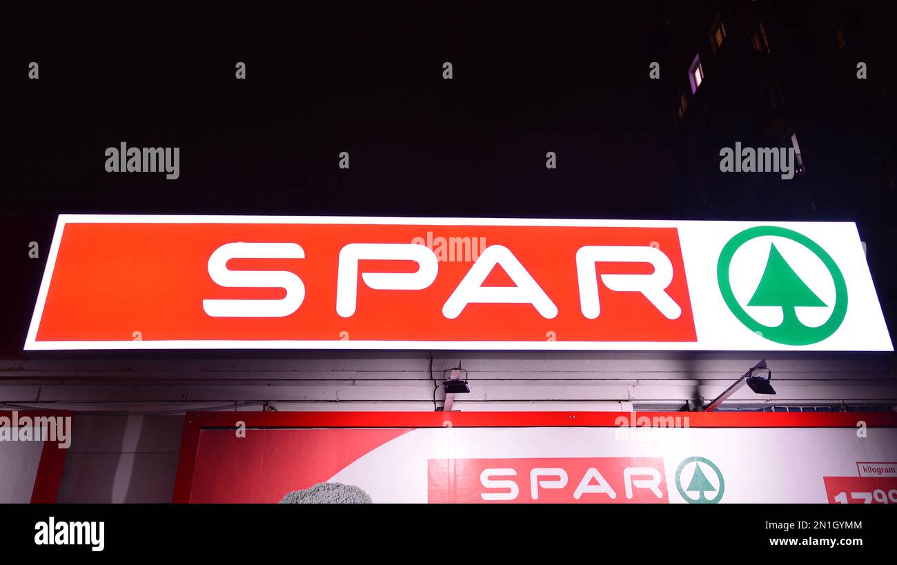 Warsaw Poland. 1 March 2021. Spar logo sign. Company signboard  Spar. Stock Photo