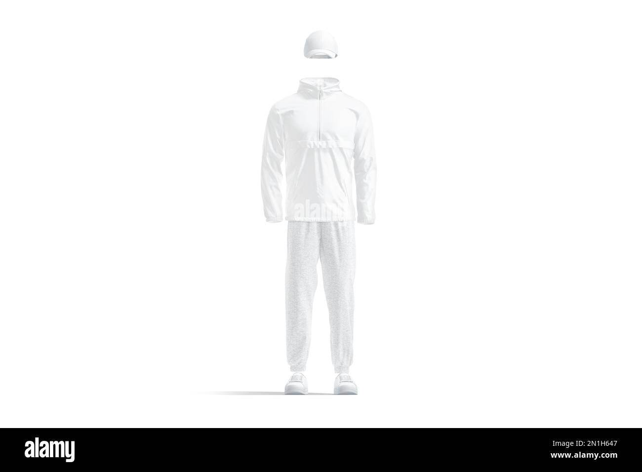 Blank white windbreaker, baseball cap, sweatpants and sneakers mockup, isolated, 3d rendering. Empty waterproof jersey clothing mock up, front view. C Stock Photo