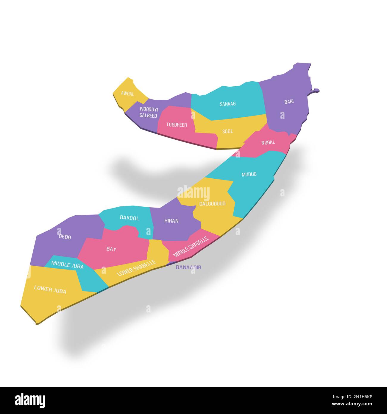 Somalia political map of administrative divisions - federal states. 3D colorful vector map with name labels. Stock Vector