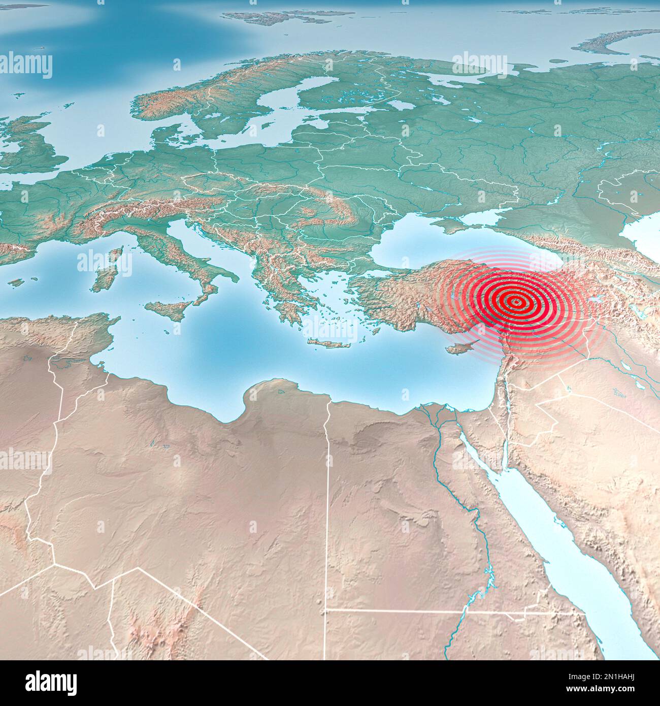 Earthquake map in Turkey and Syria, shake, elements of this image are furnished by NASA. Land struck by a strong earthquake magnitude. 7.8-Magnitude Stock Photo