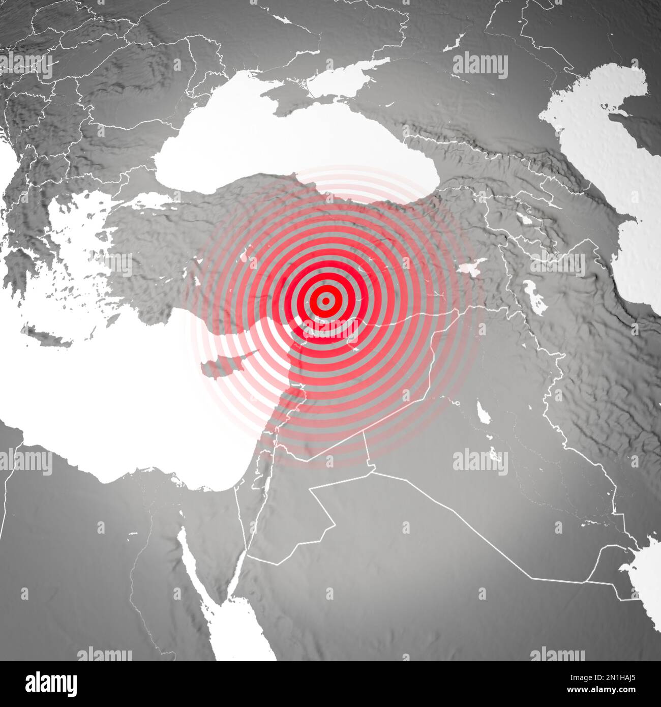 Earthquake map in Turkey and Syria, shake, elements of this image are furnished by NASA. Land struck by a strong earthquake magnitude. 7.8-Magnitude Stock Photo