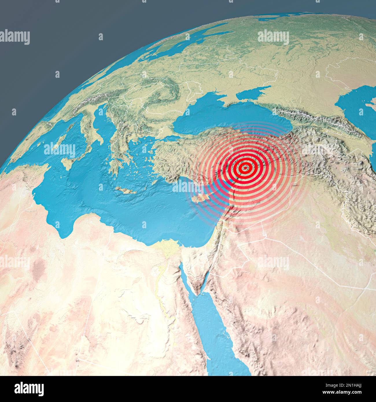 Earthquake map in Turkey and Syria, shake, elements of this image are furnished by NASA. Land struck by a strong earthquake magnitude. 7.8-Magnitude Stock Photo
