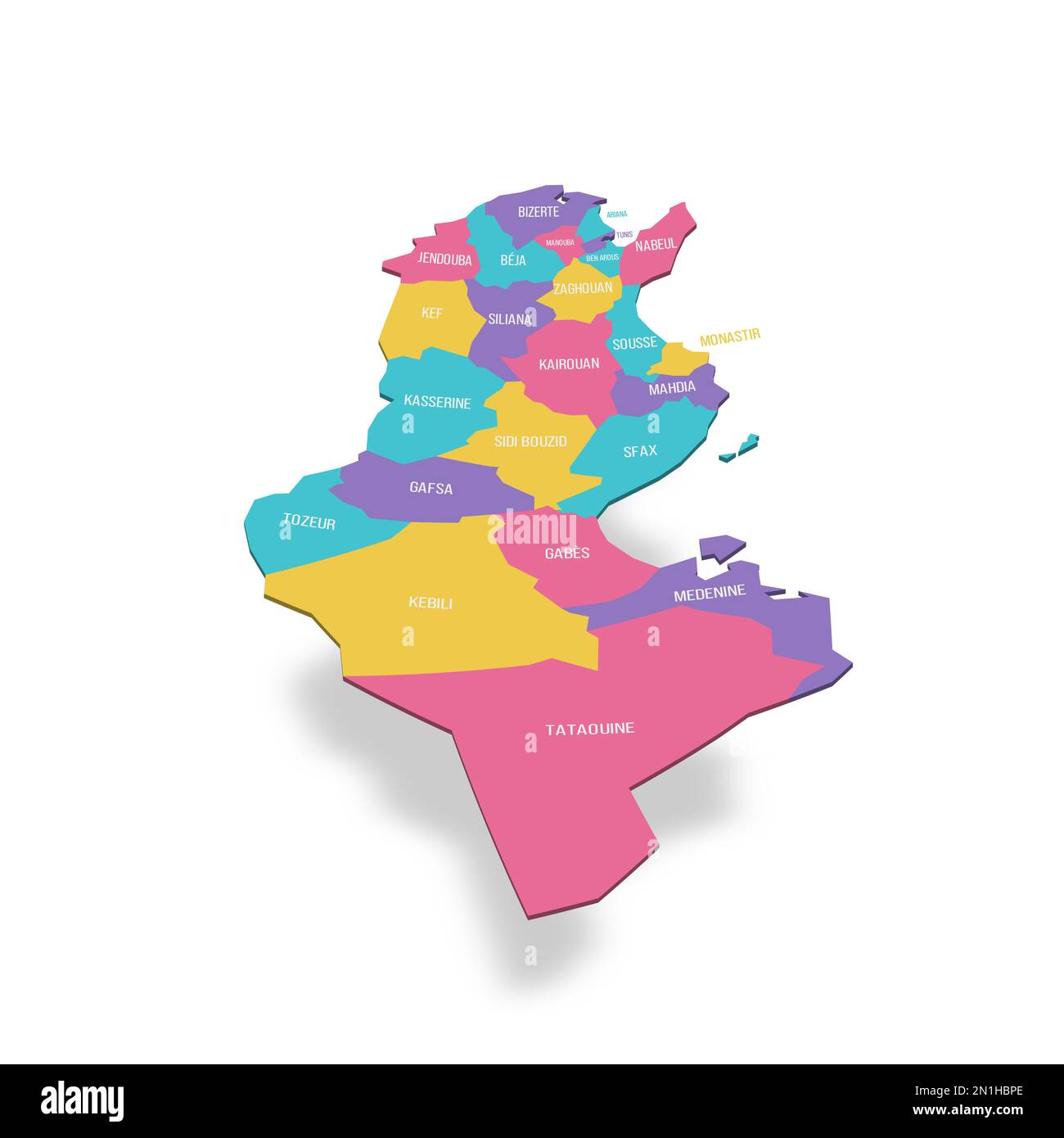 Tunisia political map of administrative divisions governorates. 3D colorful vector map with