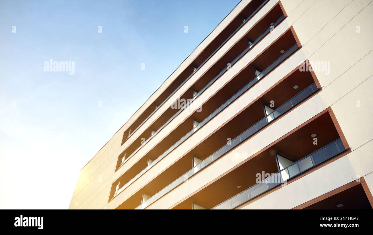 Condominium and apartment building with  symmetrical modern architecture in the city downtown. Stock Photo
