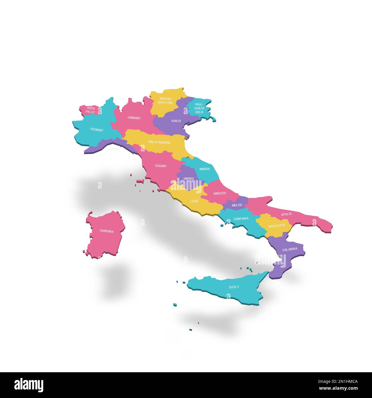 Italy political map of administrative divisions - regions. 3D colorful 