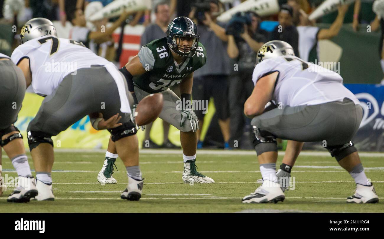 Hawaii linebacker Benetton Fonua (36) gets ready to lay a hit on New Mexico  running back Kasey Carrier (5) in the fourth quarter of an NCAA college  football game Saturday, Oct. 13, 2012, in Honolulu. New Mexico defeated  Hawaii 35-23. (AP Photo/Eugene ...