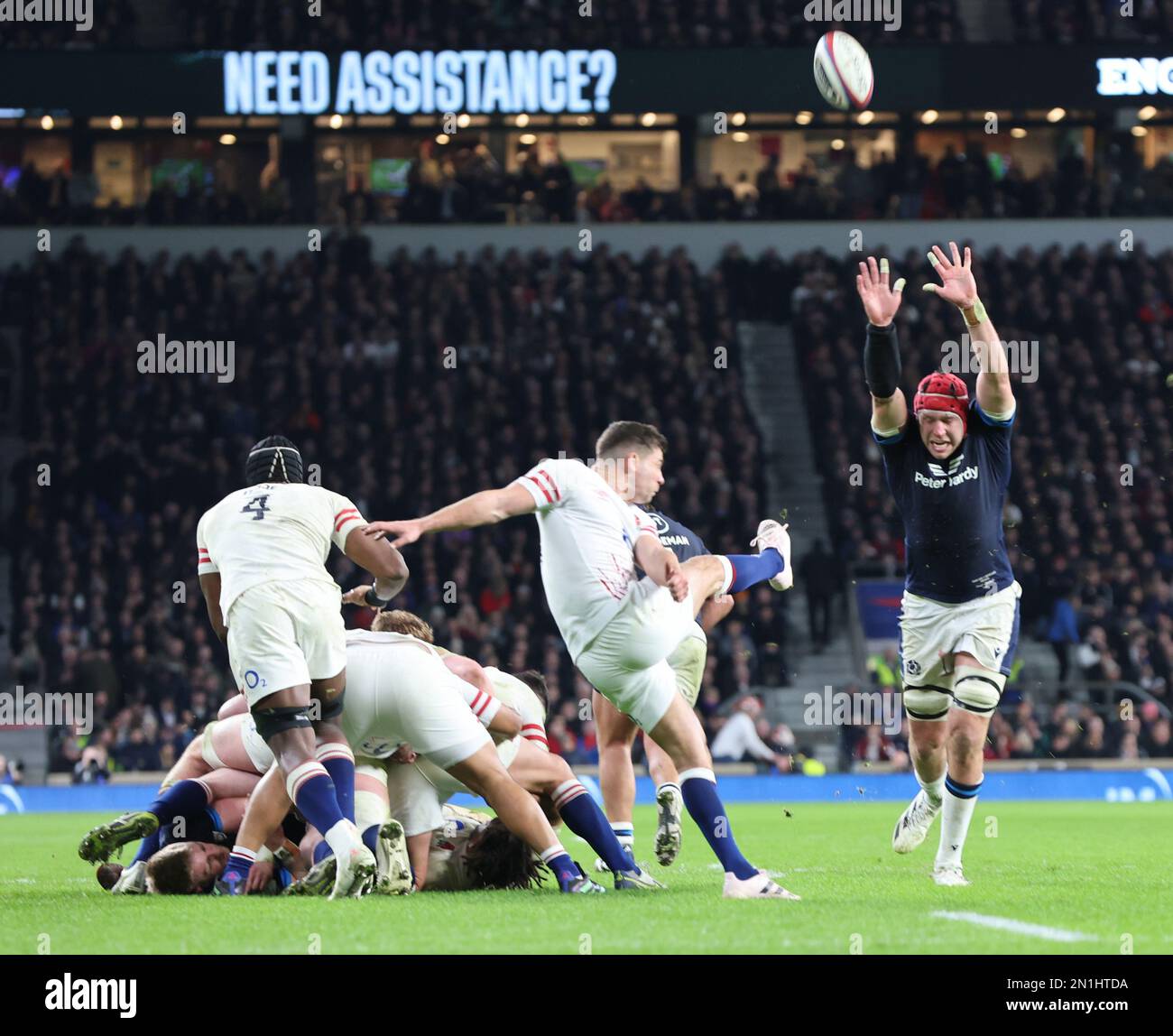 L-R England's Ben Young and Grant Gilhurst of Scotland  during the Guinness Six Nations Calcutta Cup match between England and Scotland at Twickenham Stock Photo