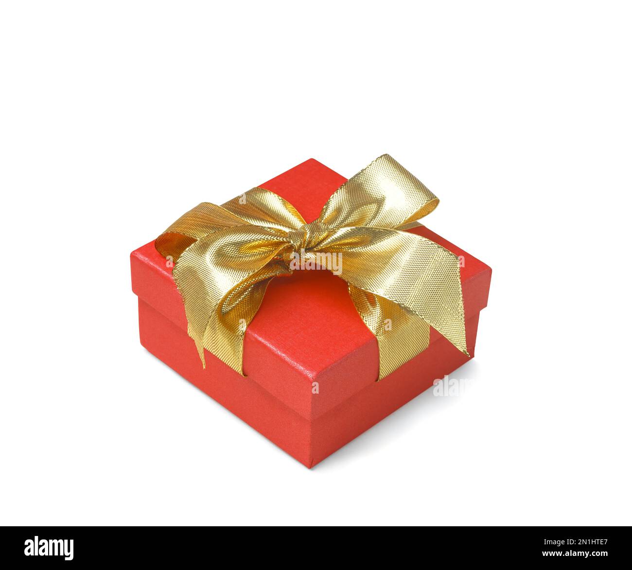 Red Gift box with gold bow on a white background Stock Photo - Alamy