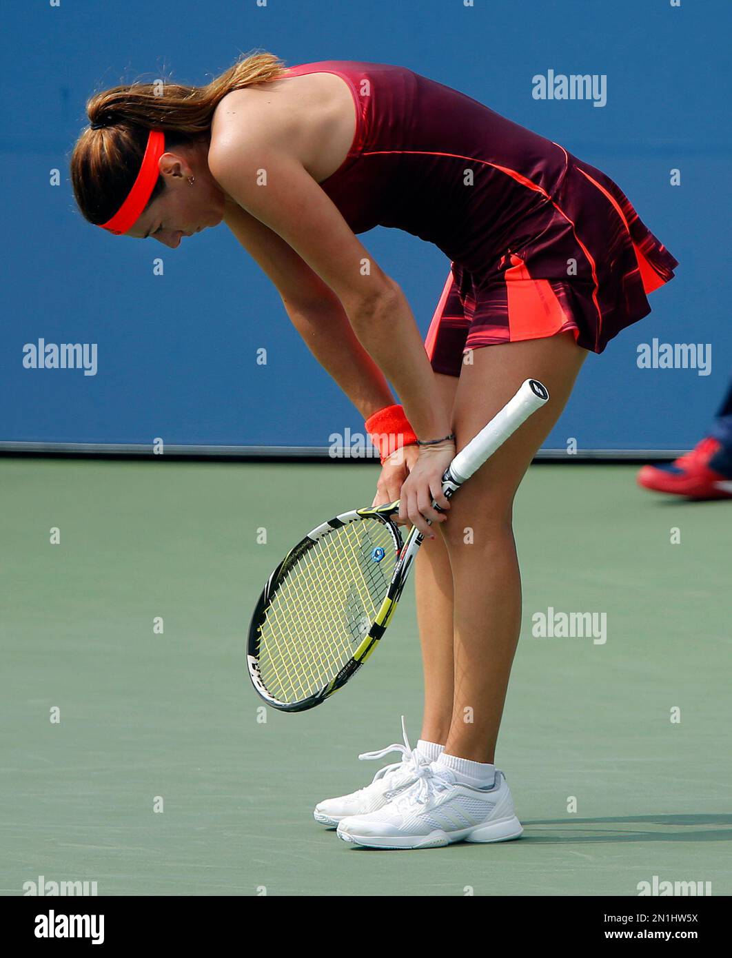 Mariana Duque-Marino, of Colombia, reacts after losing a point to Roberta  Vinci, of Italy, during the third round of the U.S. Open tennis tournament,  Friday, Sept. 4, 2015, in New York. (AP