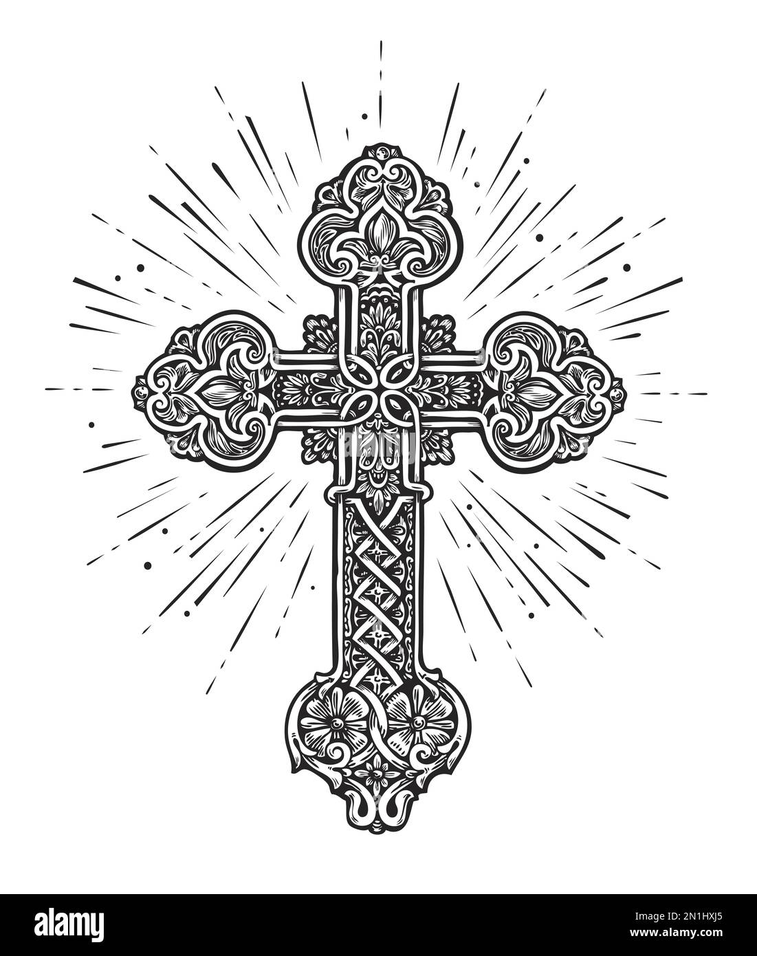 Cross and rays of radiance. Worship, church, bible, prayer symbol. Faith in God sketch illustration Stock Photo