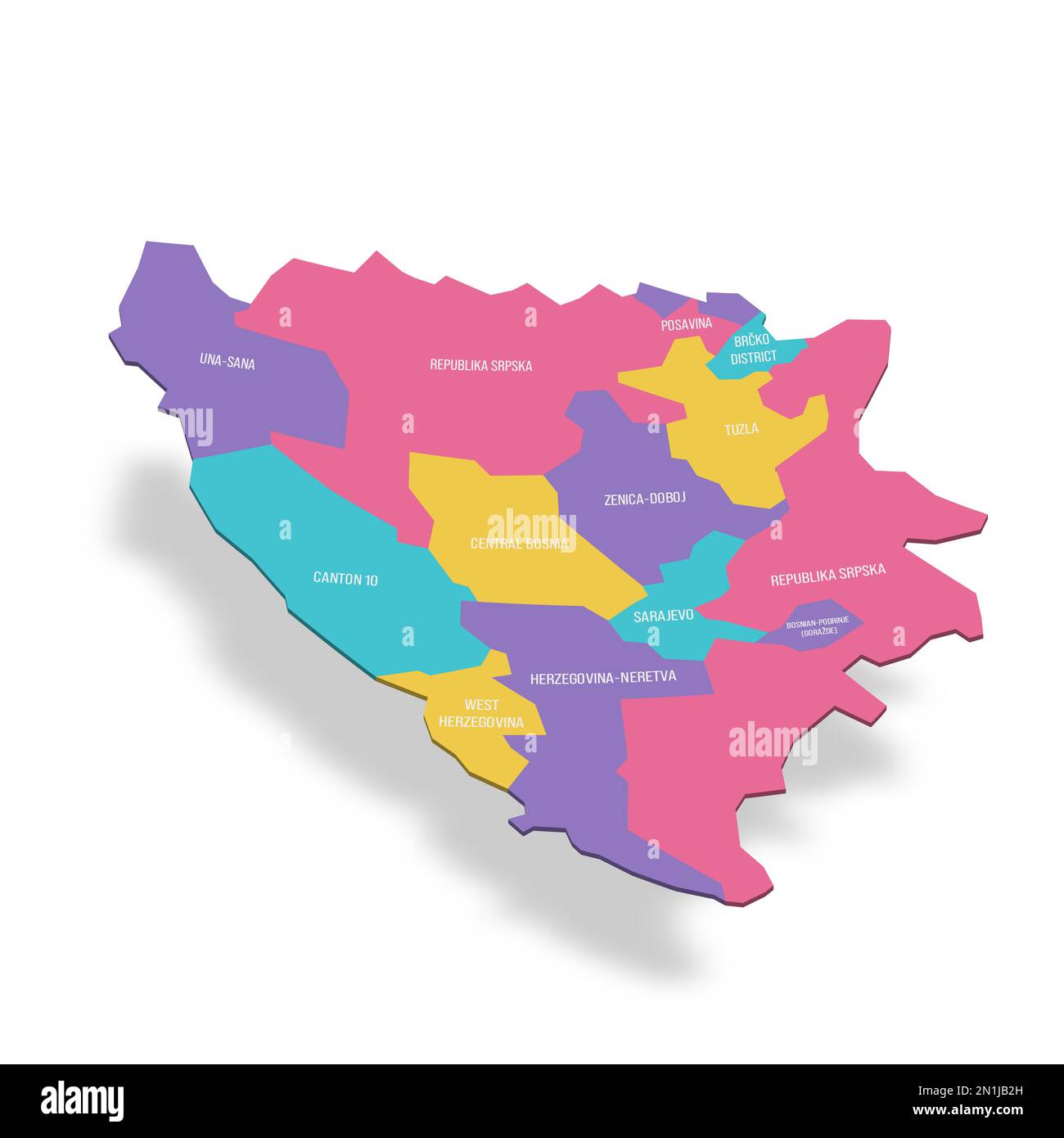 Bosnia and Herzegovina political map of administrative divisions - cantons of Federation of Bosnia and Herzegovina and Republika Srpska. 3D colorful vector map with name labels. Stock Vector