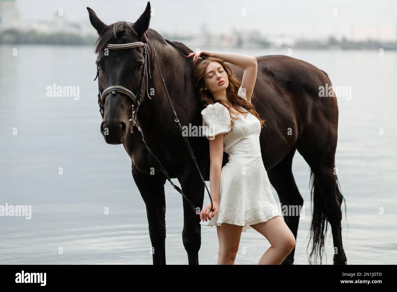 A beautiful girl in a white dress leads a horse across the river Stock
