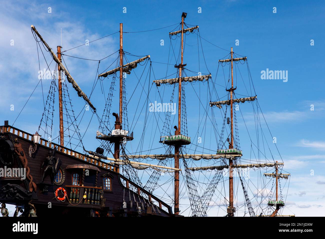 Sailing ship mast with rigging and cables against the sky Stock Photo ...