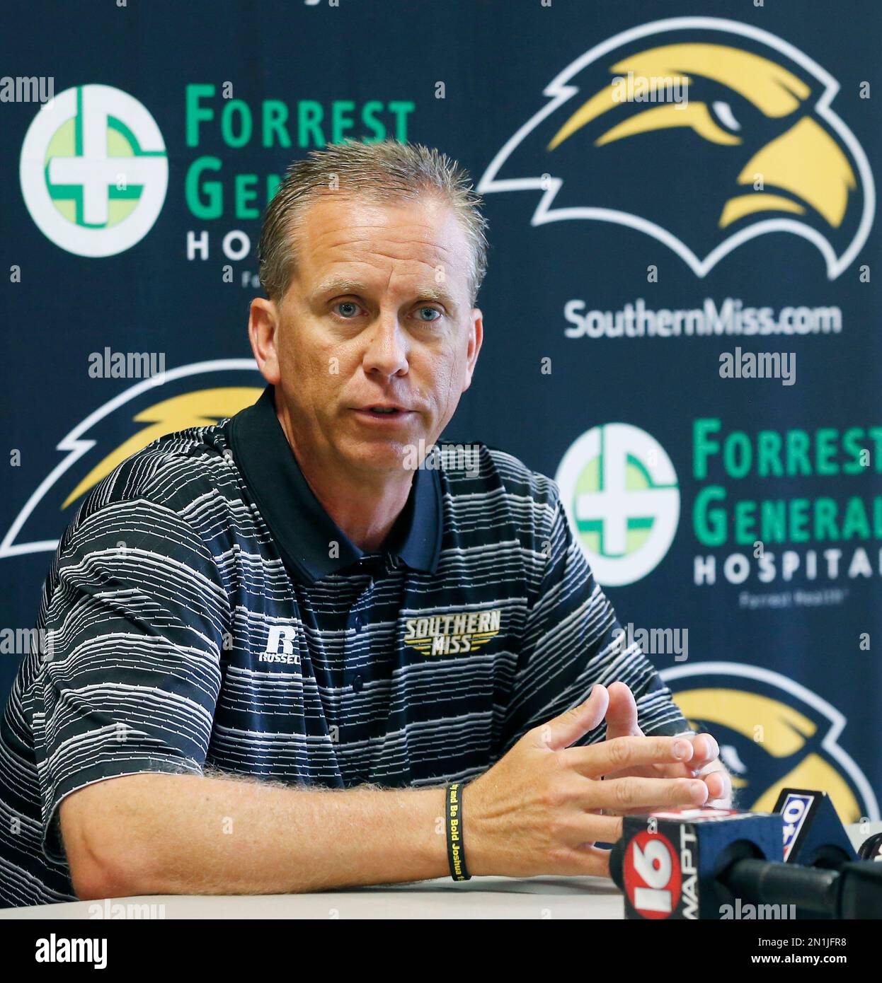 In this Aug. 15, 2015 photograph, Southern Mississippi football coach