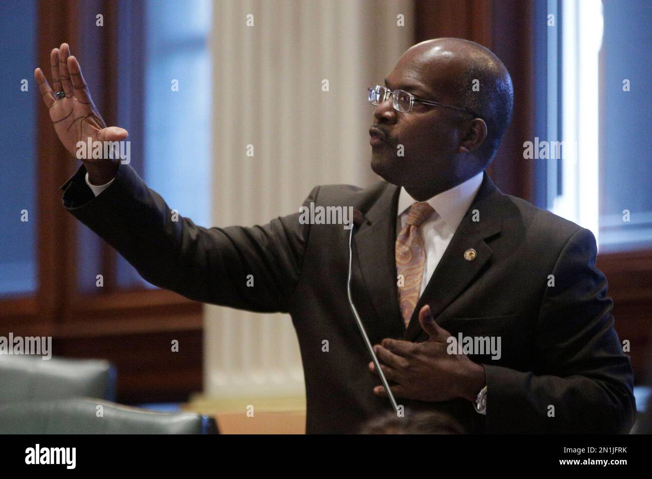 Illinois Rep. Al Riley, D-Hazel Crest, speaks to lawmakers while on the ...