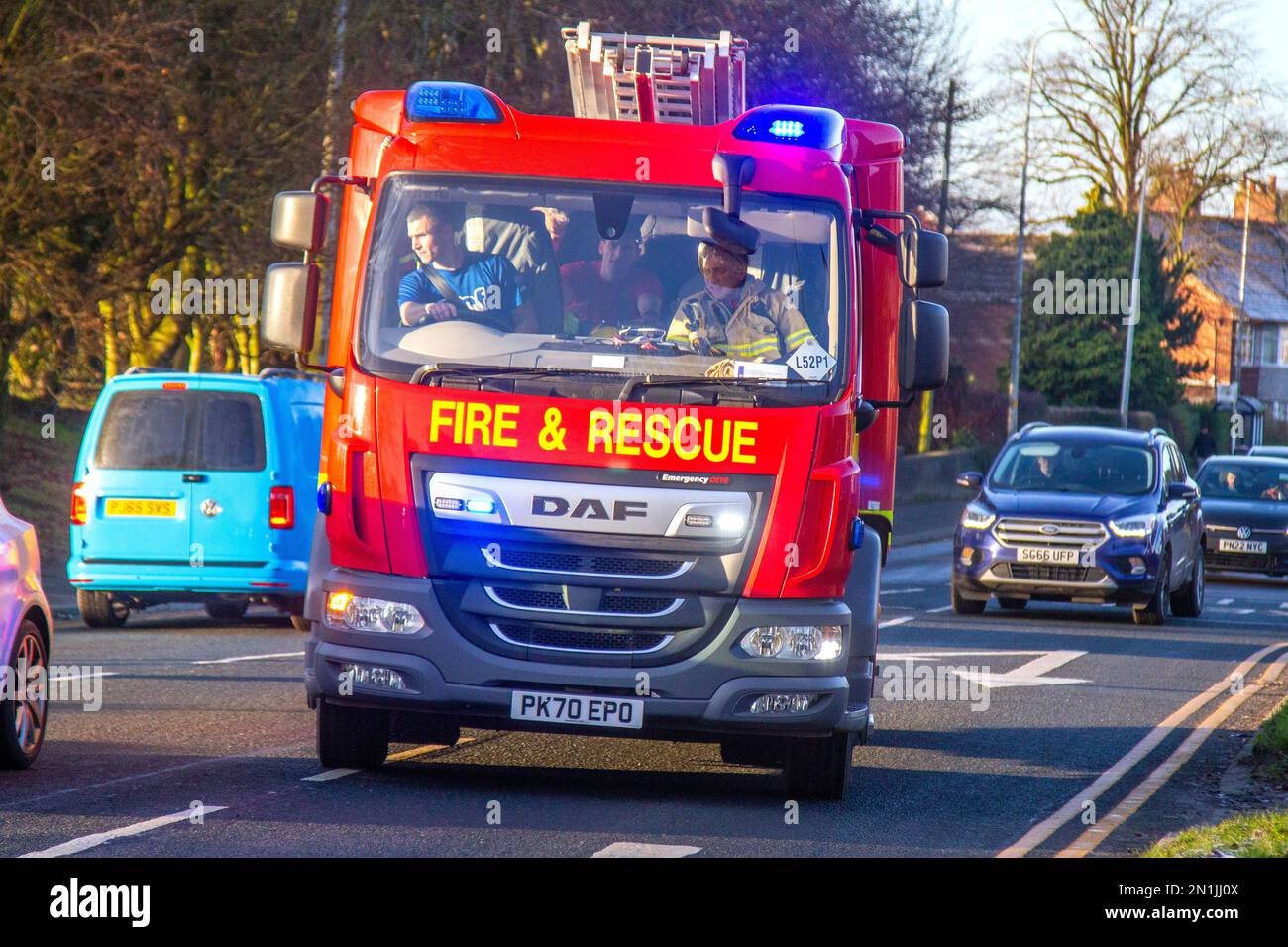 FIRE & RESCUE response Preston, Lancashire, UK Weather. 6 Feb 2023.  NHS Emergency One Fire & Rescue Team ferries patients needing immediate treatment to Preston Royal Hospital Stock Photo