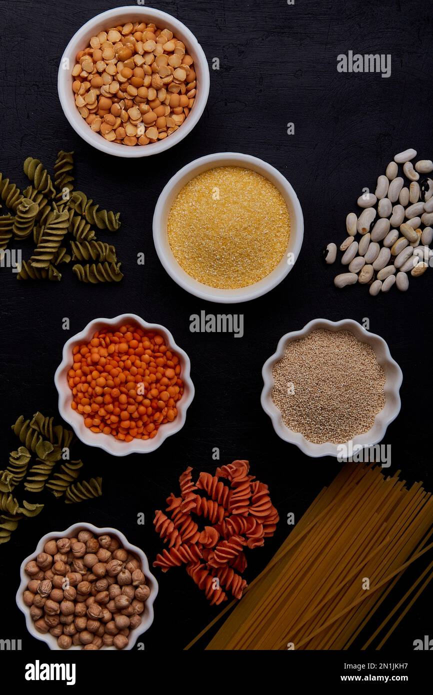 Set of cereals and fusilli pasta for glutenfree fodmap diet, long