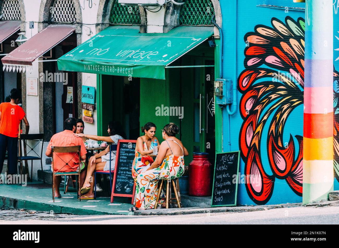 Rio de Janeiro, Brazil - February 4, 2023: People relax and chat at a cafe in Santa Teresa, Rio de Janeiro, Brazil Stock Photo