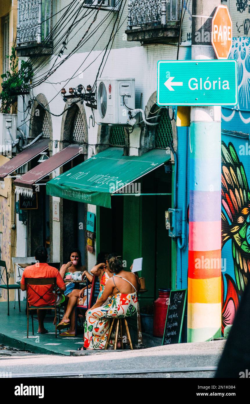 Rio de Janeiro, Brazil - February 4, 2023: People relax and chat at a cafe in Santa Teresa, Rio de Janeiro, Brazil Stock Photo