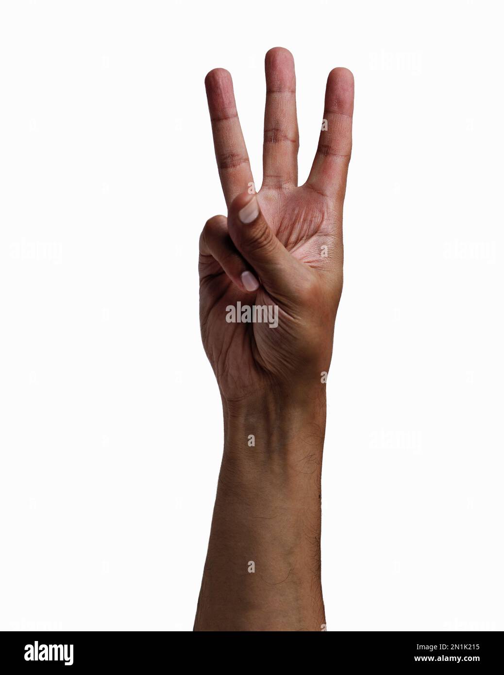 African man hand showing three fingers on a white isolated background