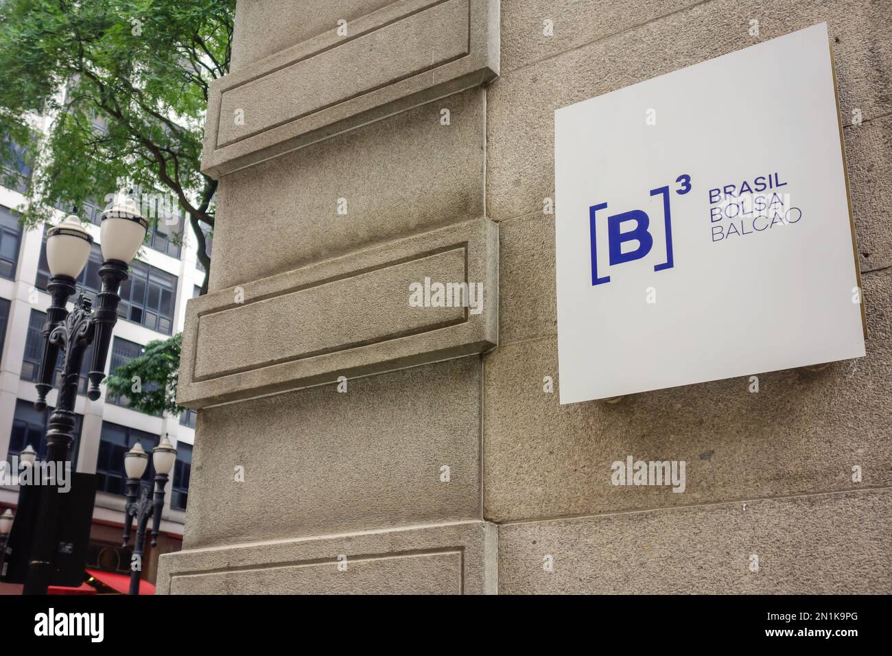 Sao Paulo, Brazil - 01.28.23: facade of old B3 Bovespa stock exchange building, with company logo Stock Photo