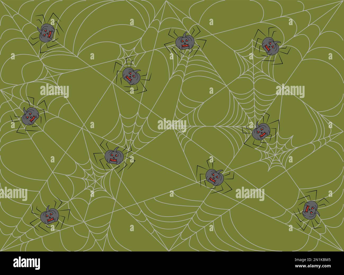 Halloween pattern with scary spiders web and pumpkins on green background Stock Vector