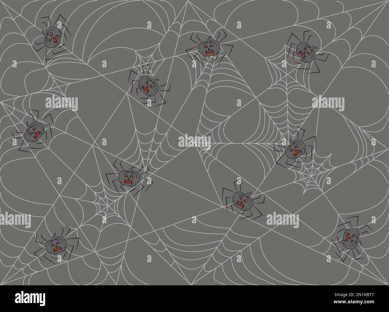 Halloween pattern with scary spiders web and pumpkins on grey background Stock Vector