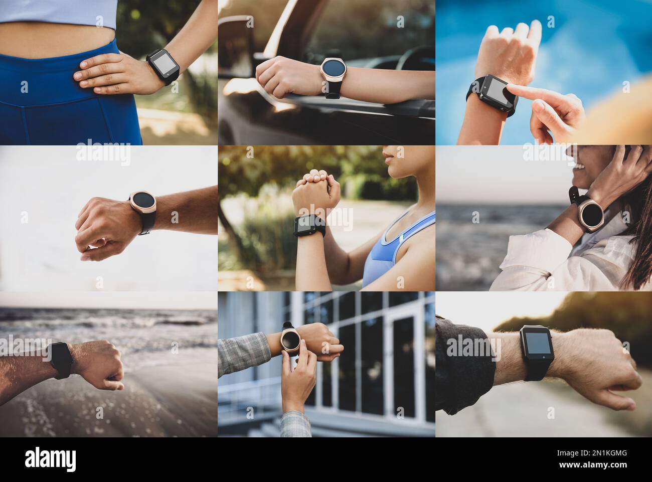 Photos of people using different smart watches, closeup. Collage design ...