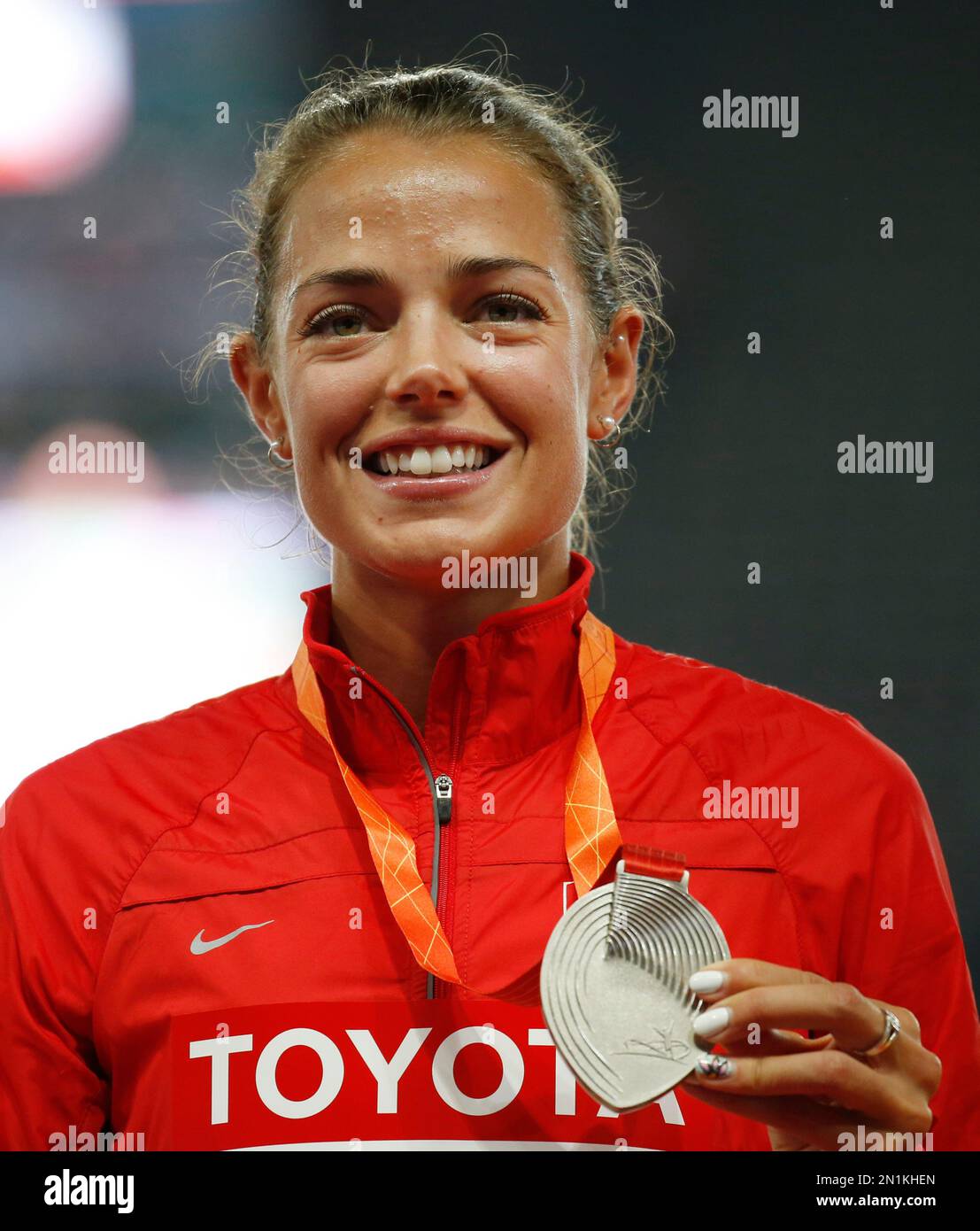 Canada's Melissa Bishop poses during the women’s 800m ceremony at the ...