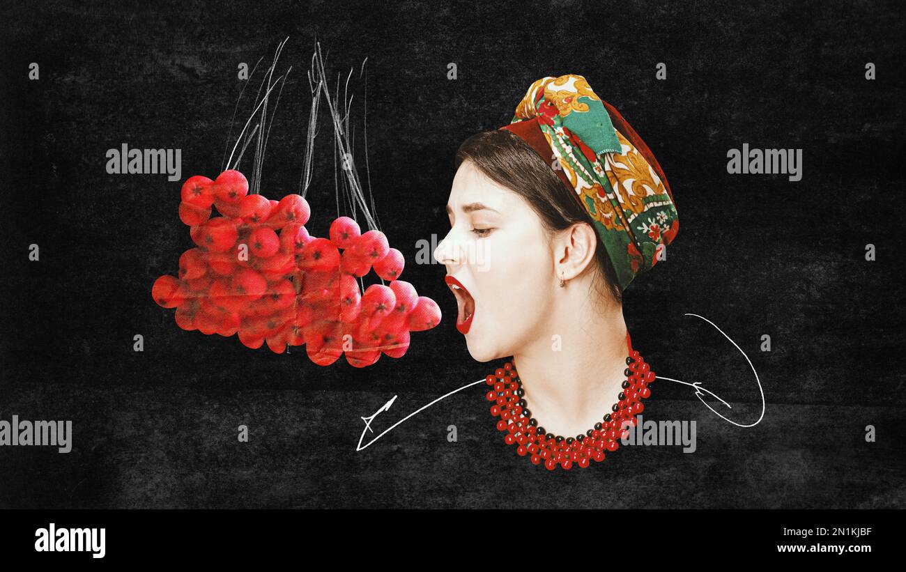 Contemporary art collage. Conceptual design. Beautiful young ukrainian girl eating viburnum