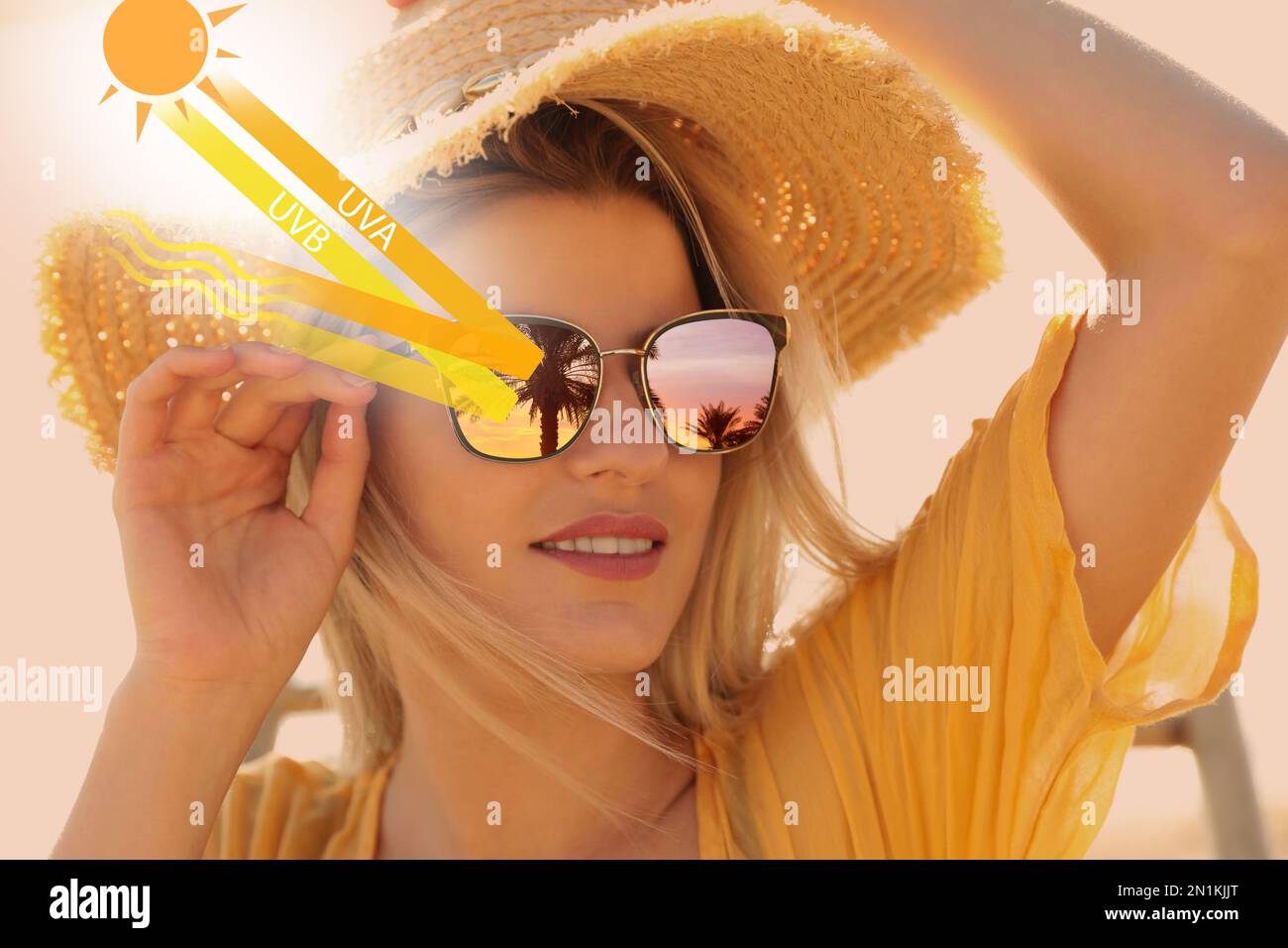 Woman wearing sunglasses outdoors. UVA and UVB rays reflected by lenses, illustration Stock Photo