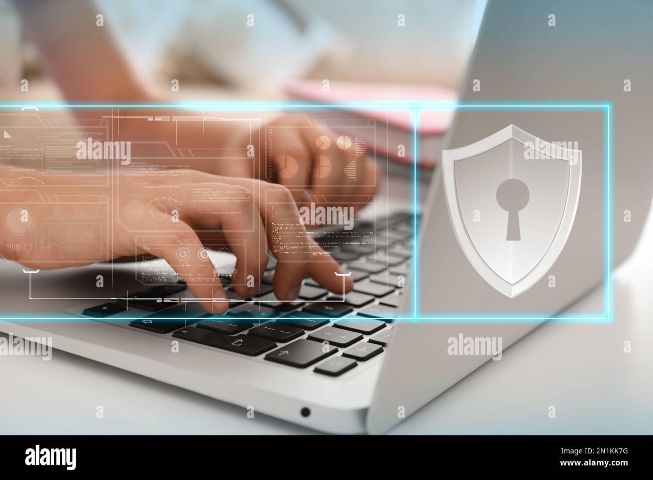 Child safety online. Little kid using laptop at home. Illustration of