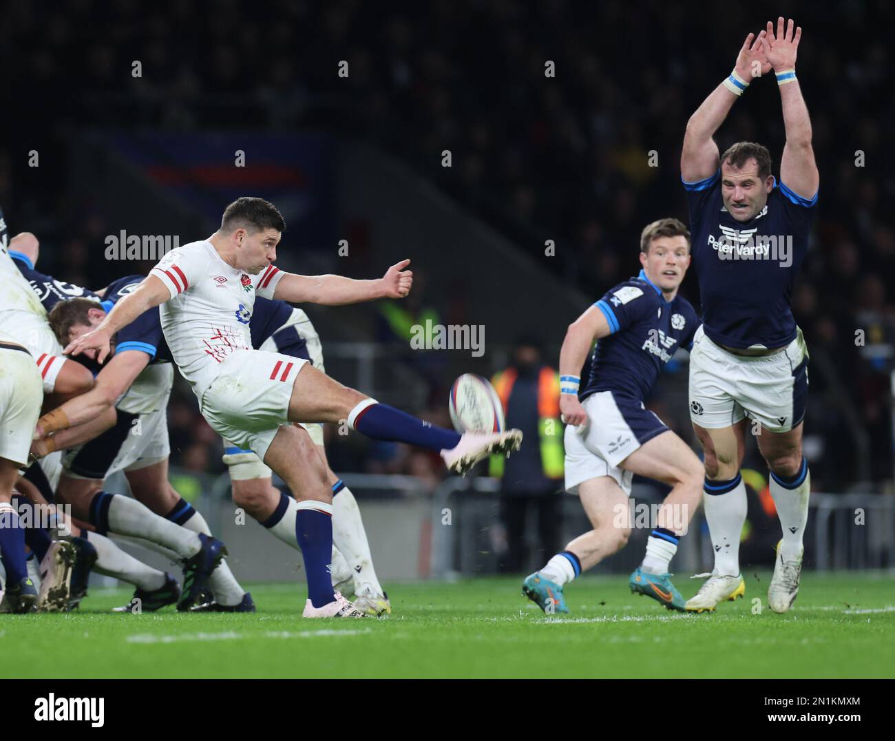 L-R England's Ben Young and Fraser Brown of Scotland during the Guinness Six Nations Calcutta Cup match between England and Scotland at Twickenham Sta Stock Photo