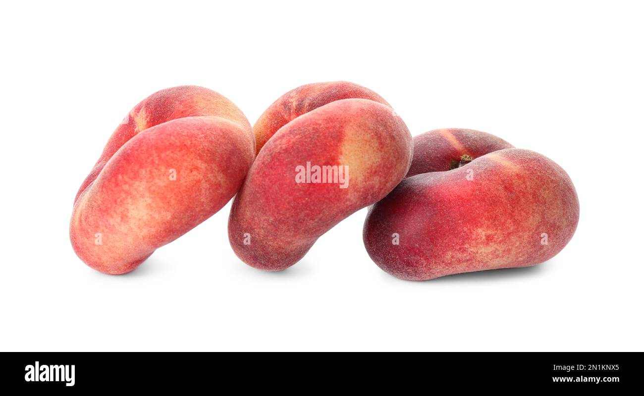 Fresh ripe donut peaches on white background Stock Photo Alamy