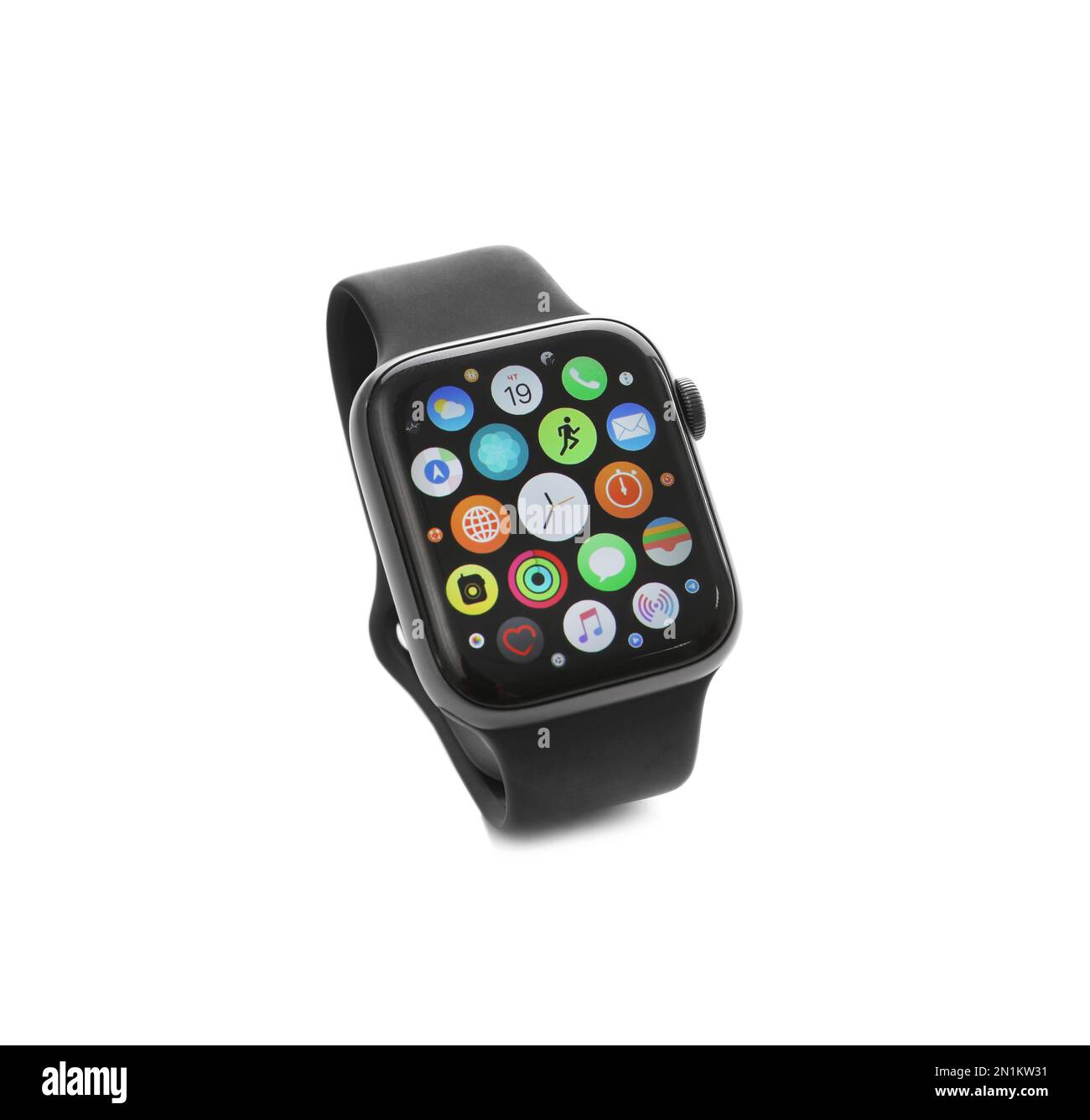 MYKOLAIV, UKRAINE - SEPTEMBER 19, 2019: Apple Watch with home screen isolated on white Stock Photo